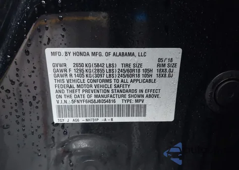 2018 Honda Pilot Ex-L z USA, uszkodzony, nr VIN 5FNYF6H58JB054816